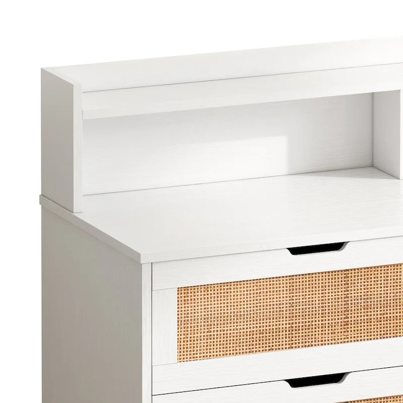 Commode à 6 tiroirs en rotin avec lumières LED, prise de courant et armoire de rangement en bois naturel