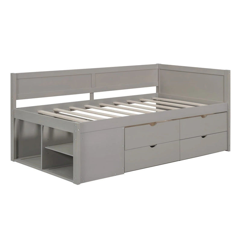 Lit de repos double moderne avec tiroirs de rangement et étagères, Noyer Gris Blanc