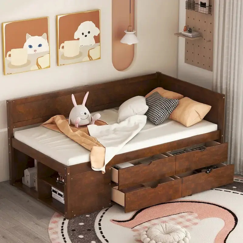 Lit de repos double moderne avec tiroirs de rangement et étagères, Noyer Gris Blanc