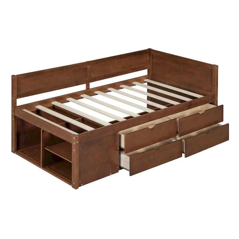 Lit de repos double moderne avec tiroirs de rangement et étagères, Noyer Gris Blanc