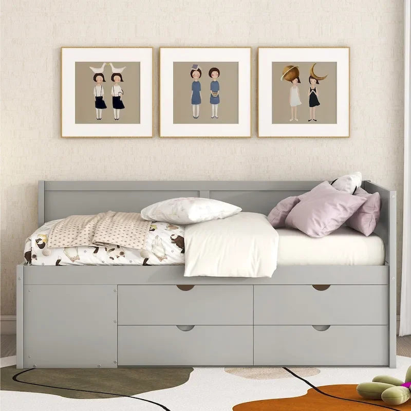Lit de repos double moderne avec tiroirs de rangement et étagères, Noyer Gris Blanc