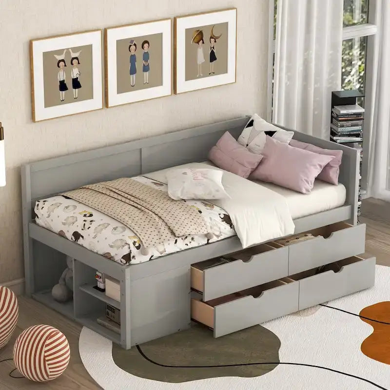 Lit de repos double moderne avec tiroirs de rangement et étagères, Noyer Gris Blanc