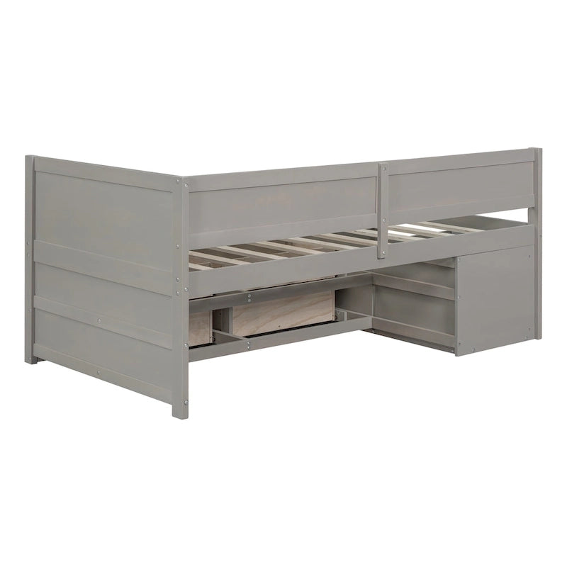 Lit de repos double moderne avec tiroirs de rangement et étagères, Noyer Gris Blanc