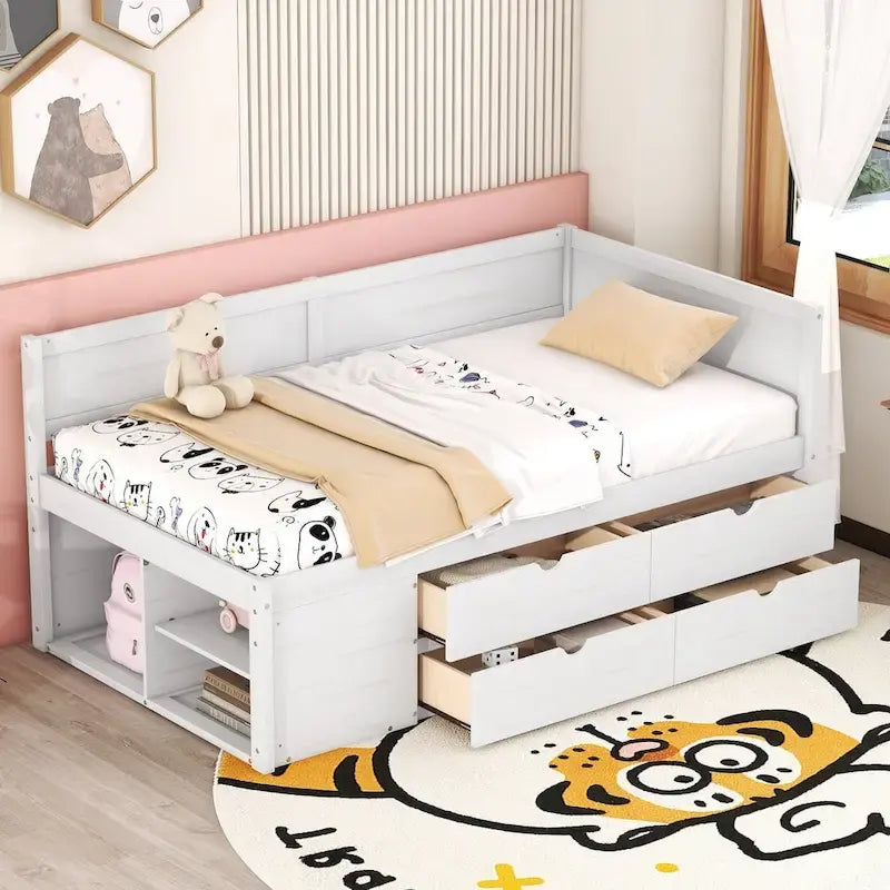 Lit de repos double moderne avec tiroirs de rangement et étagères, Noyer Gris Blanc