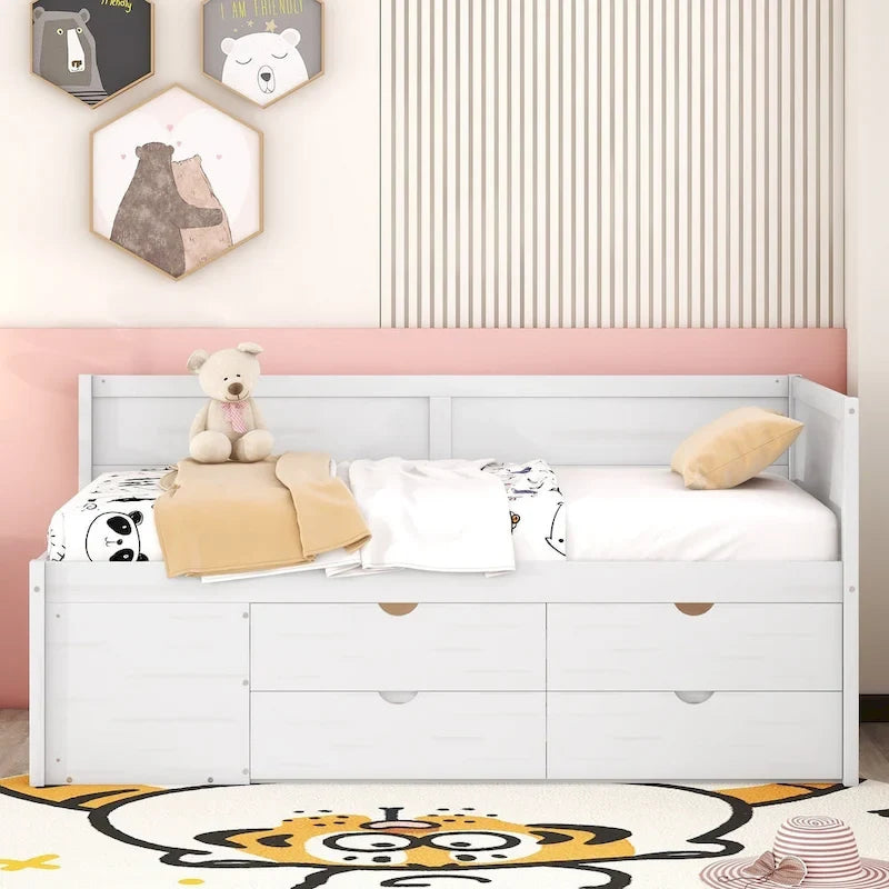 Lit de repos double moderne avec tiroirs de rangement et étagères, Noyer Gris Blanc