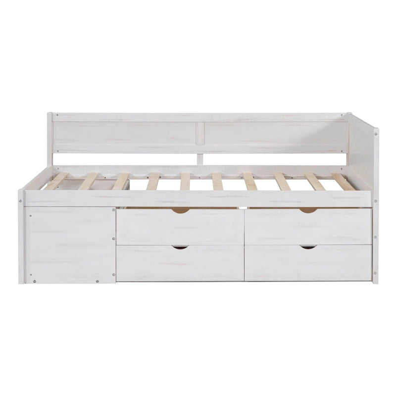 Lit de repos double moderne avec tiroirs de rangement et étagères, Noyer Gris Blanc