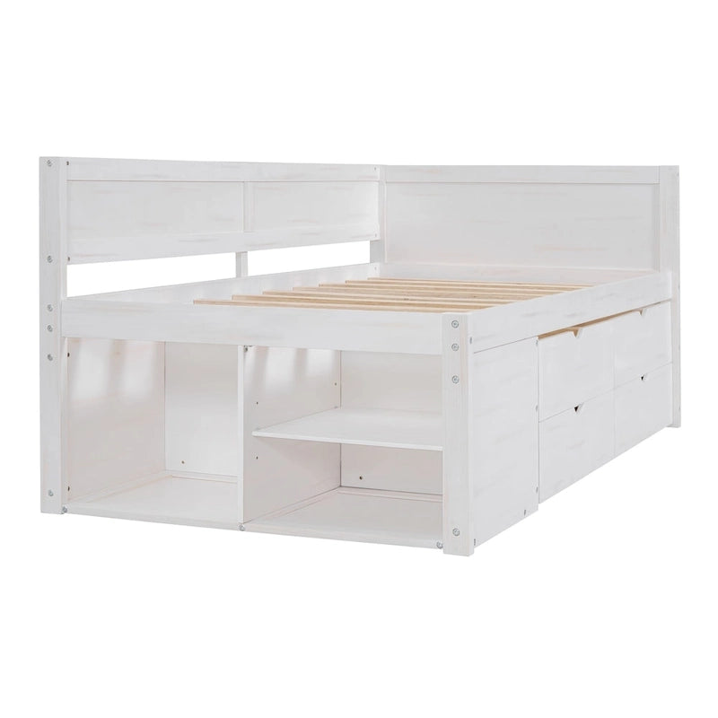 Lit de repos double moderne avec tiroirs de rangement et étagères, Noyer Gris Blanc