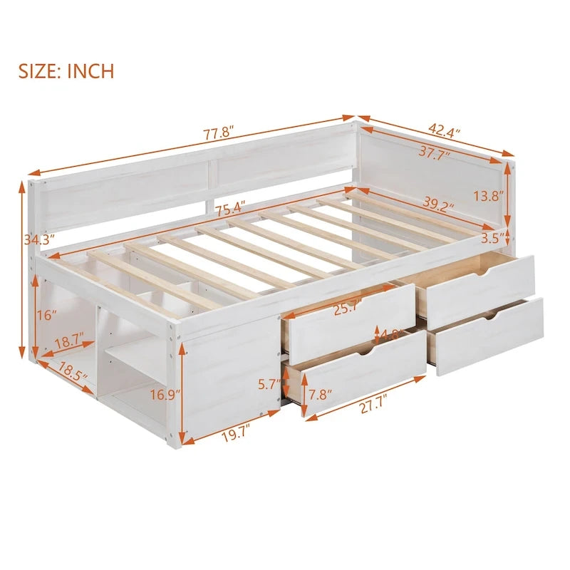 Lit de repos double moderne avec tiroirs de rangement et étagères, Noyer Gris Blanc