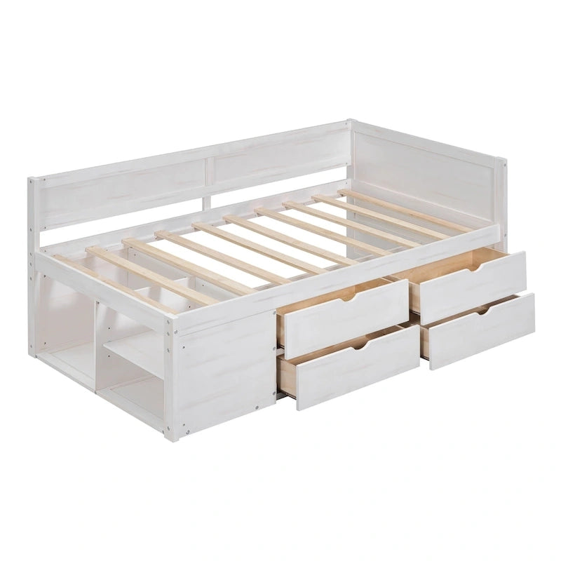 Lit de repos double moderne avec tiroirs de rangement et étagères, Noyer Gris Blanc
