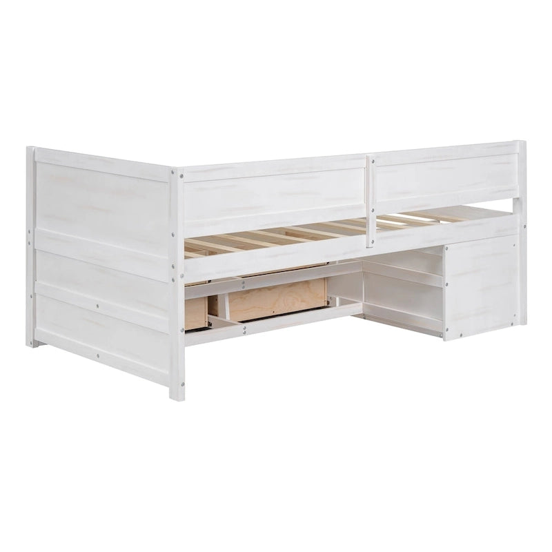 Lit de repos double moderne avec tiroirs de rangement et étagères, Noyer Gris Blanc