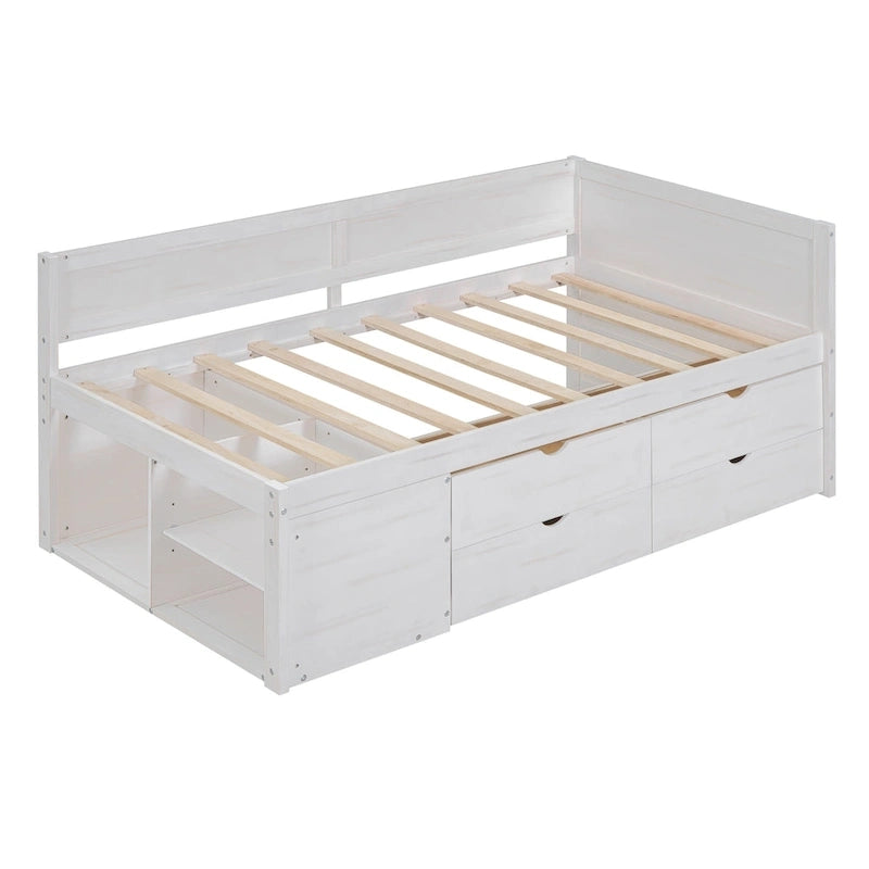 Lit de repos double moderne avec tiroirs de rangement et étagères, Noyer Gris Blanc