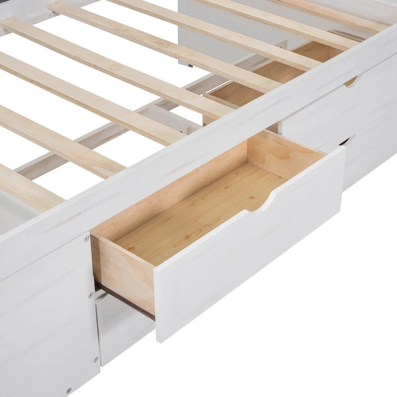 Lit de repos double moderne avec tiroirs de rangement et étagères, Noyer Gris Blanc