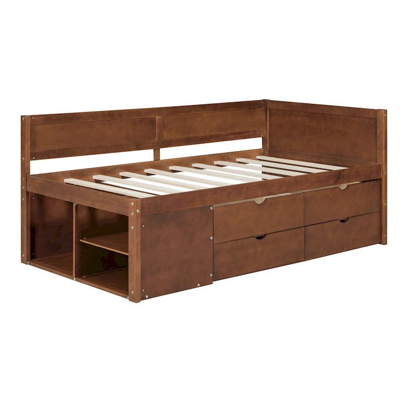 Lit de repos double moderne avec tiroirs de rangement et étagères, Noyer Gris Blanc