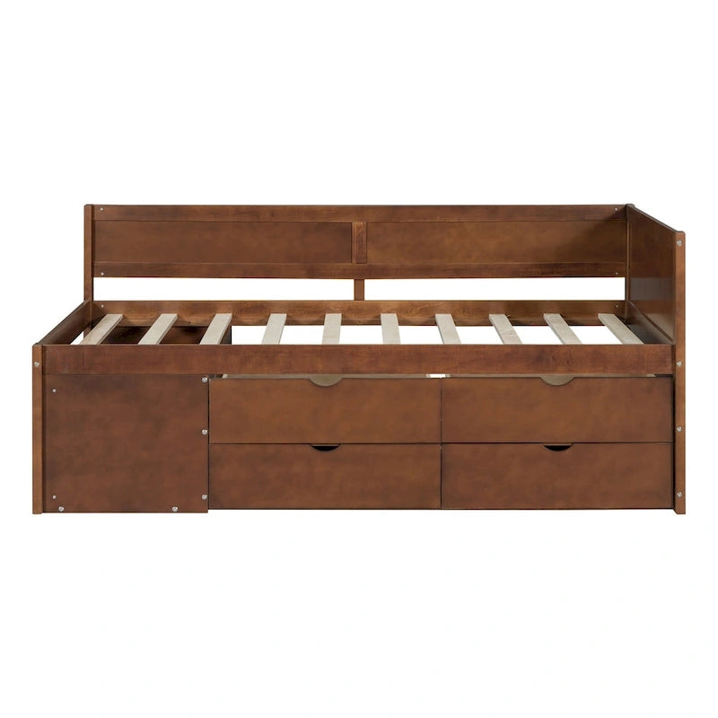 Lit de repos double moderne avec tiroirs de rangement et étagères, Noyer Gris Blanc