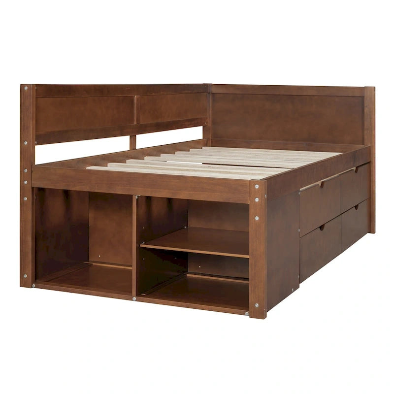 Lit de repos double moderne avec tiroirs de rangement et étagères, Noyer Gris Blanc