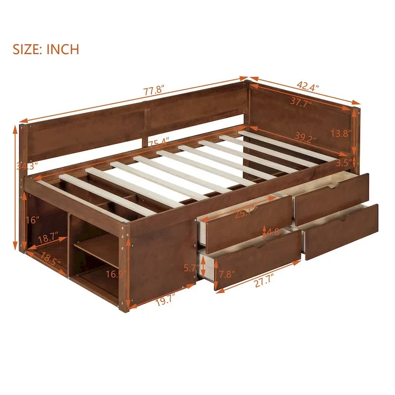 Lit de repos double moderne avec tiroirs de rangement et étagères, Noyer Gris Blanc