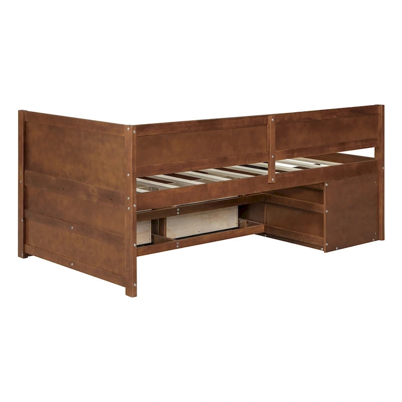Lit de repos double moderne avec tiroirs de rangement et étagères, Noyer Gris Blanc