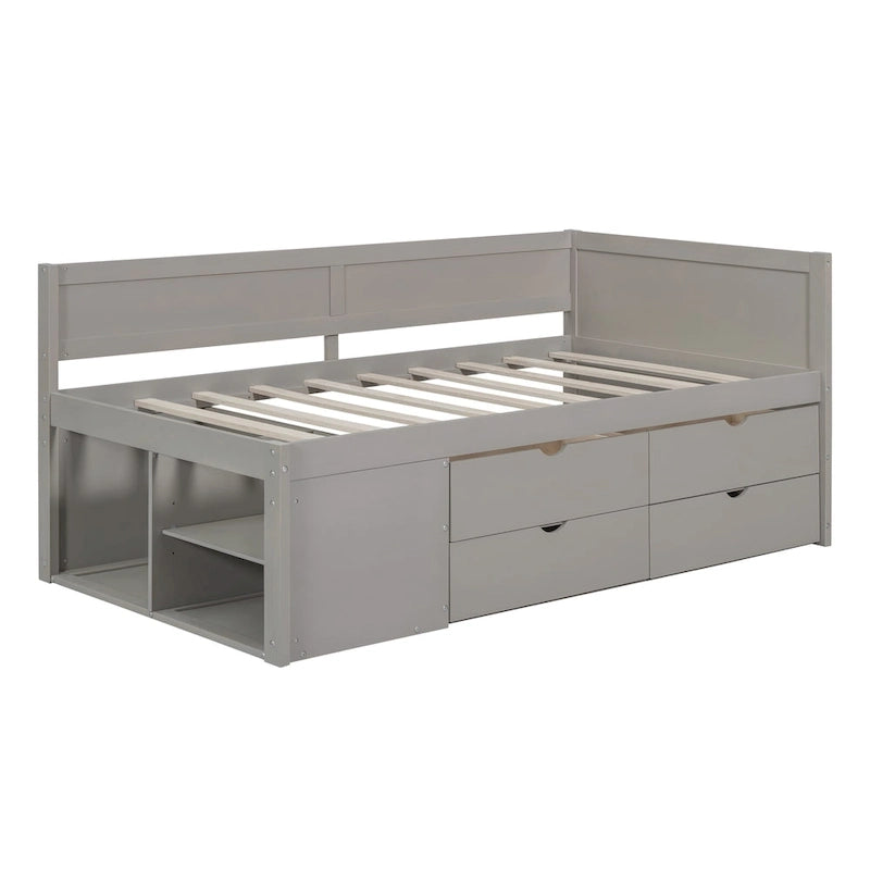 Lit de repos double moderne avec tiroirs de rangement et étagères, Noyer Gris Blanc