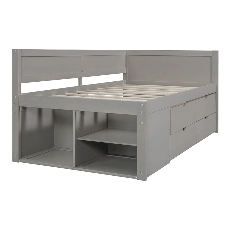 Lit de repos double moderne avec tiroirs de rangement et étagères, Noyer Gris Blanc