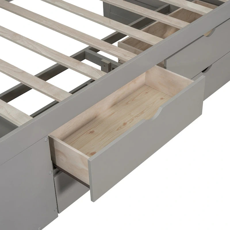 Lit de repos double moderne avec tiroirs de rangement et étagères, Noyer Gris Blanc
