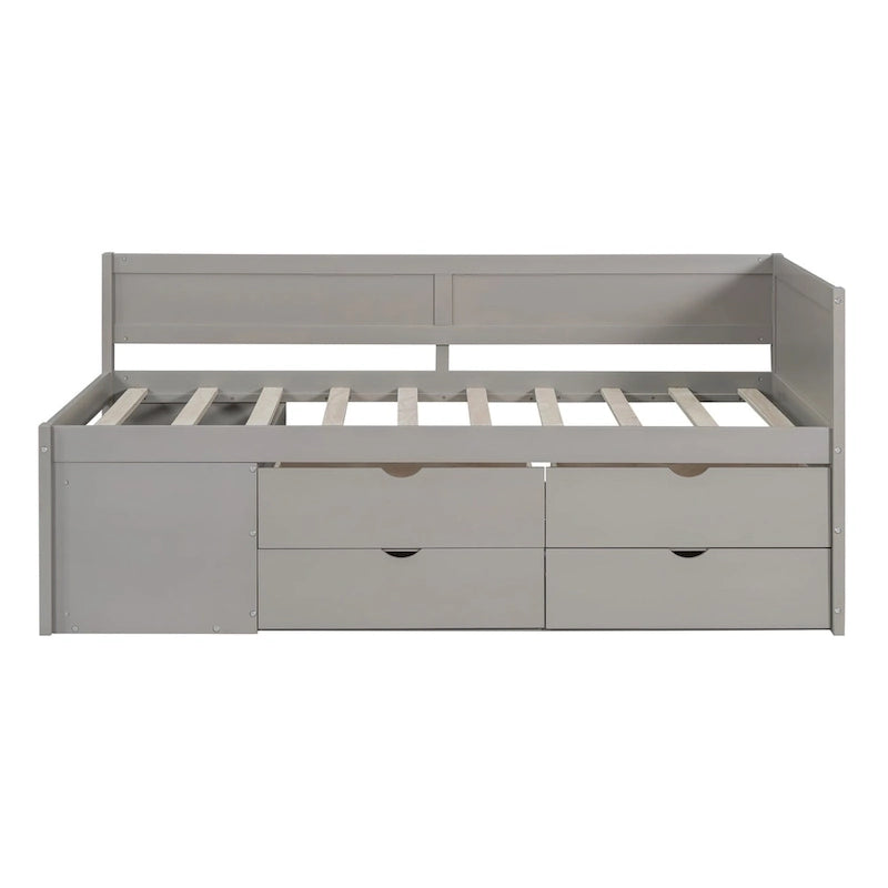 Lit de repos double moderne avec tiroirs de rangement et étagères, Noyer Gris Blanc