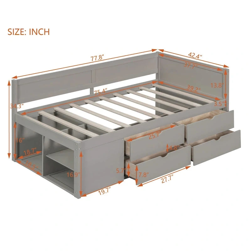 Lit de repos double moderne avec tiroirs de rangement et étagères, Noyer Gris Blanc