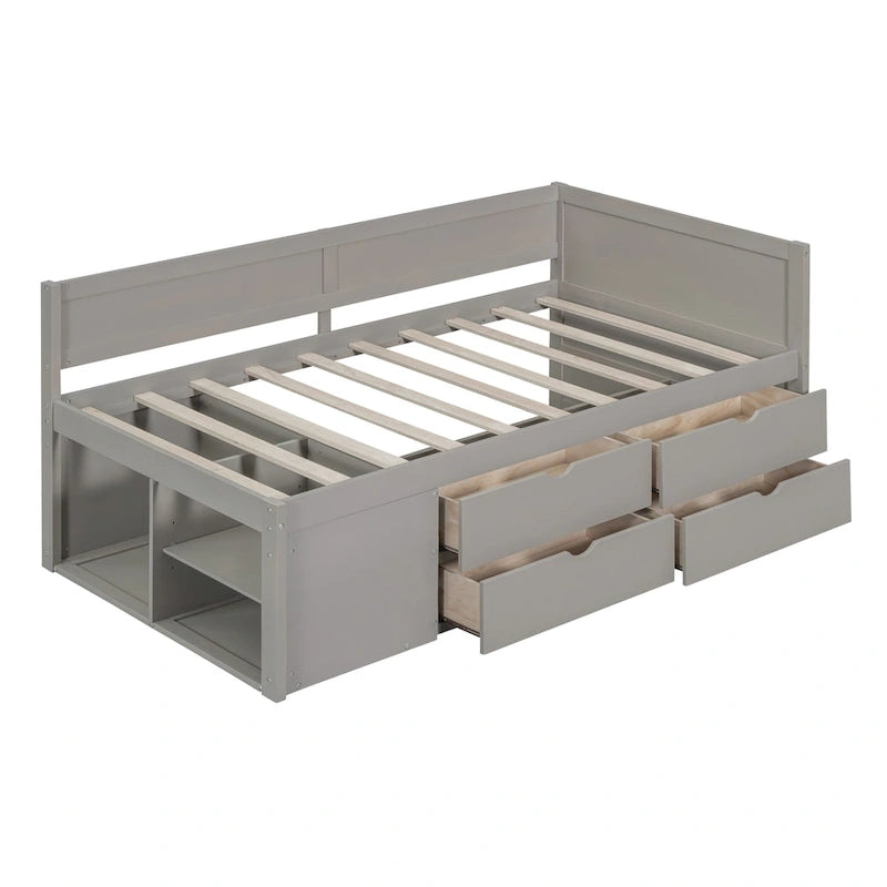 Lit de repos double moderne avec tiroirs de rangement et étagères, Noyer Gris Blanc