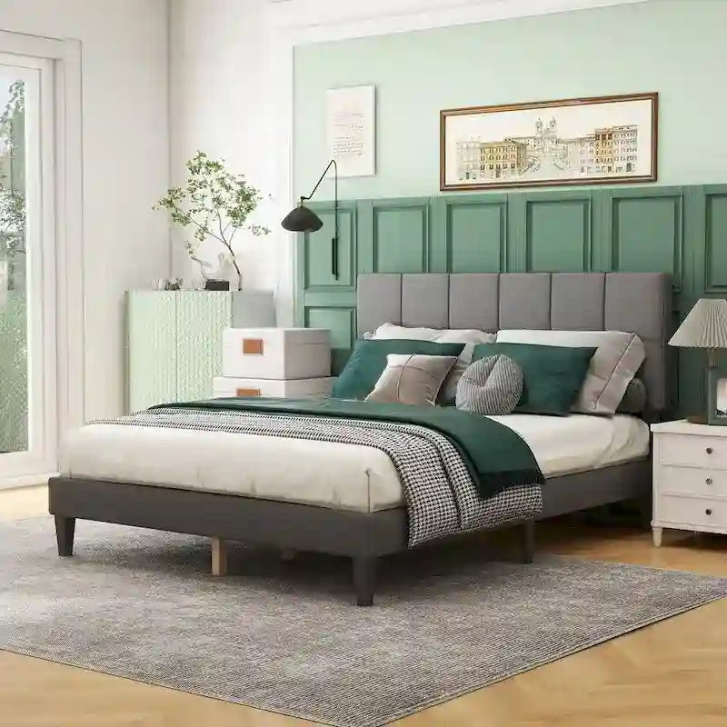Cadre de lit plateforme rembourré avec tête de lit en tissu de lin gris foncé/gris clair