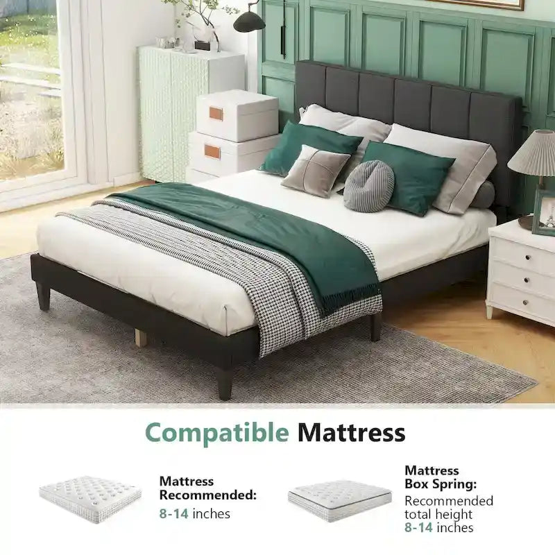 Cadre de lit plateforme rembourré avec tête de lit en tissu de lin gris foncé/gris clair