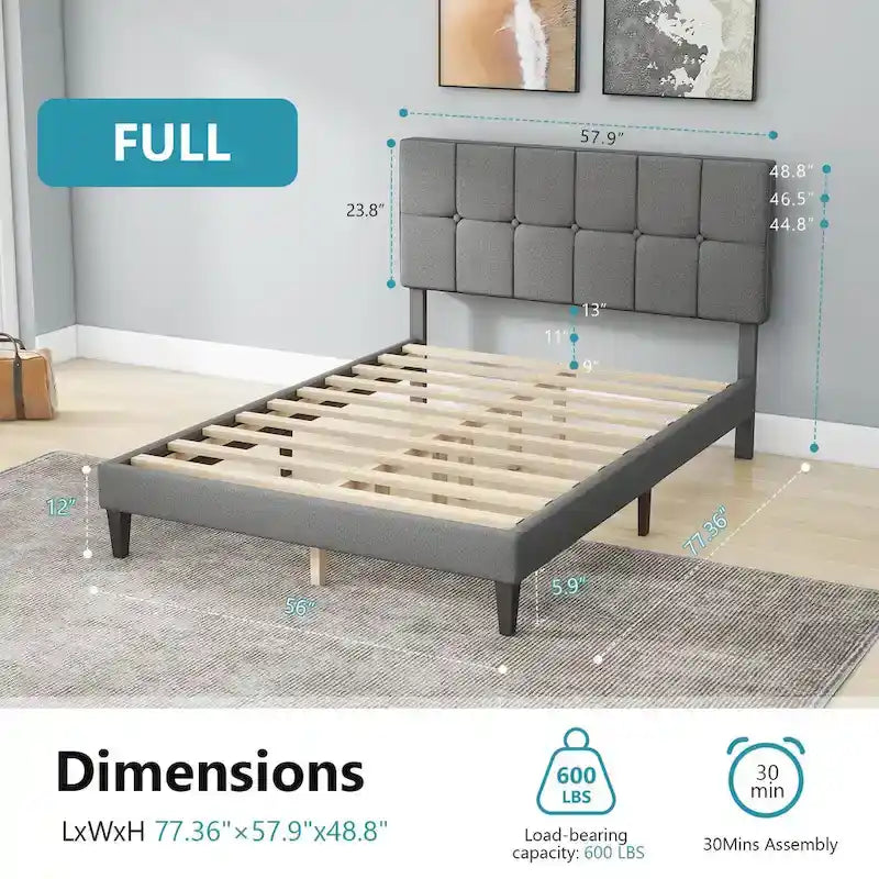 Cadre de lit plateforme rembourré avec tête de lit en tissu de lin gris foncé/gris clair