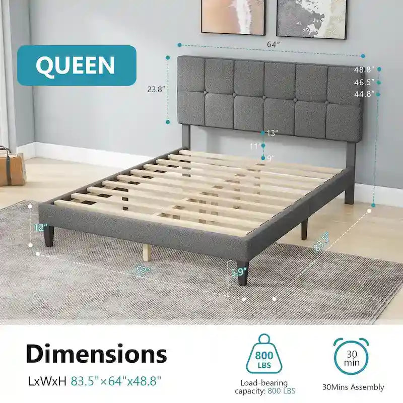 Cadre de lit plateforme rembourré avec tête de lit en tissu de lin gris foncé/gris clair