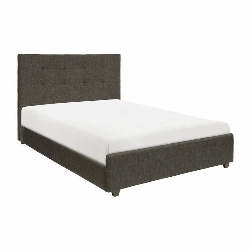 Lit plateforme California King avec tête de lit touffetée rembourrée en bois massif gris