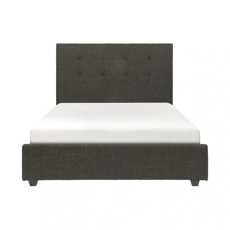 Lit plateforme California King avec tête de lit touffetée rembourrée en bois massif gris