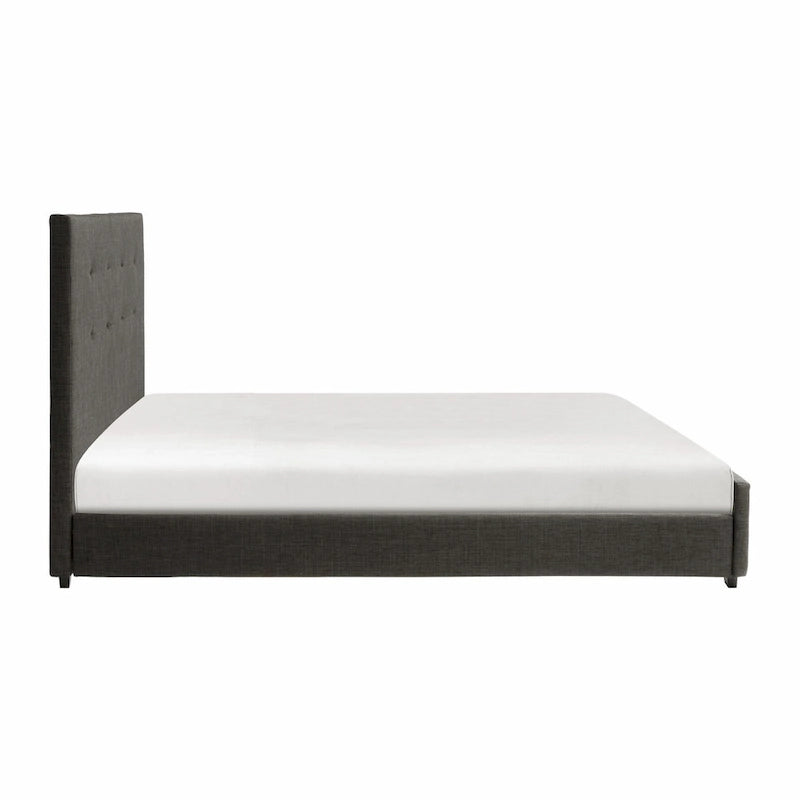 Lit plateforme California King avec tête de lit touffetée rembourrée en bois massif gris