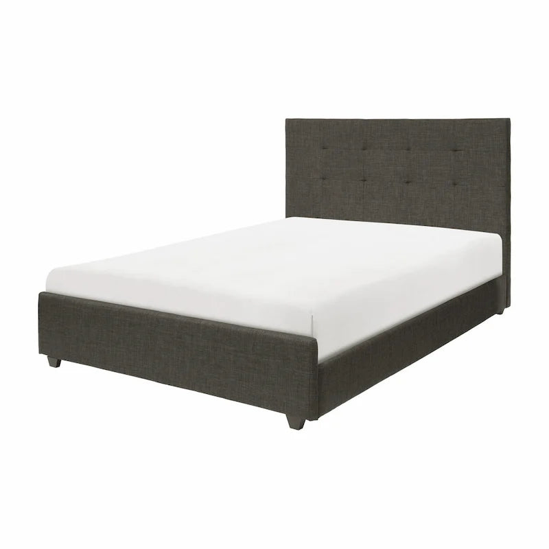 Lit plateforme California King avec tête de lit touffetée rembourrée en bois massif gris