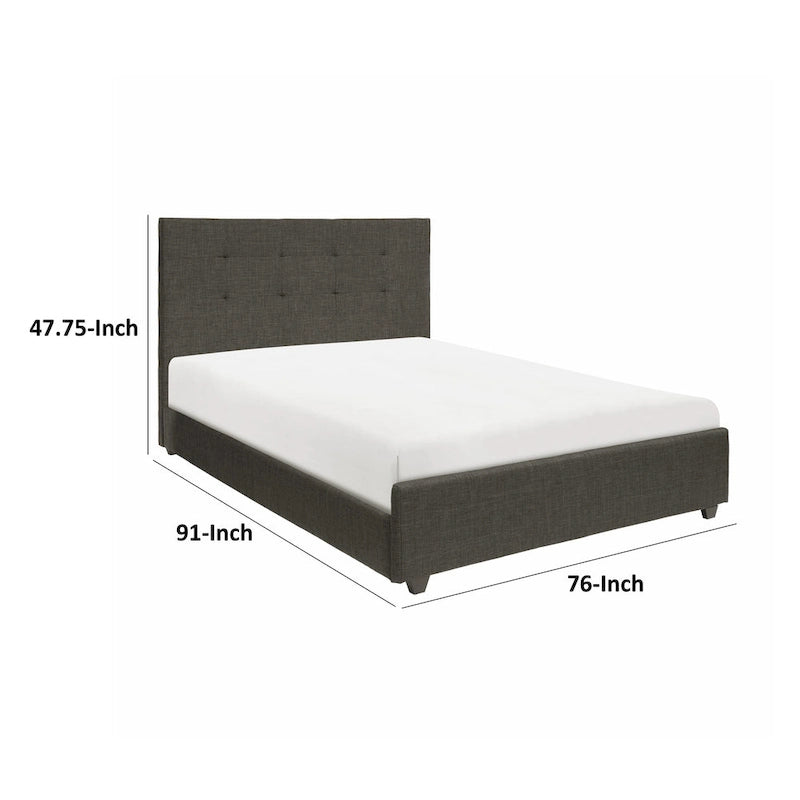 Lit plateforme California King avec tête de lit touffetée rembourrée en bois massif gris