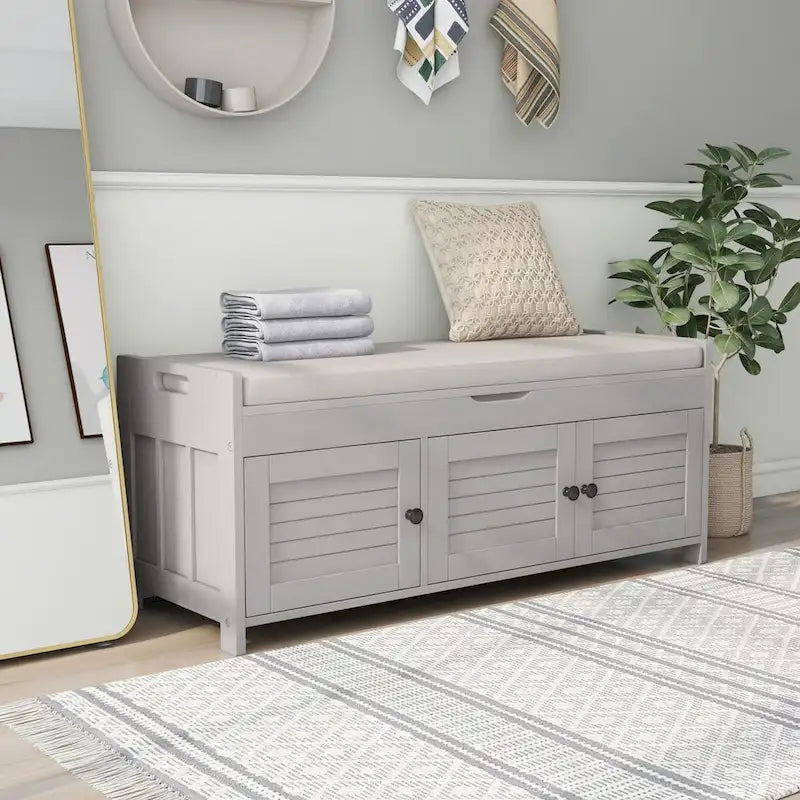 Banc de rangement rustique avec portes à persiennes, coussin, blanc, expresso, gris, marine