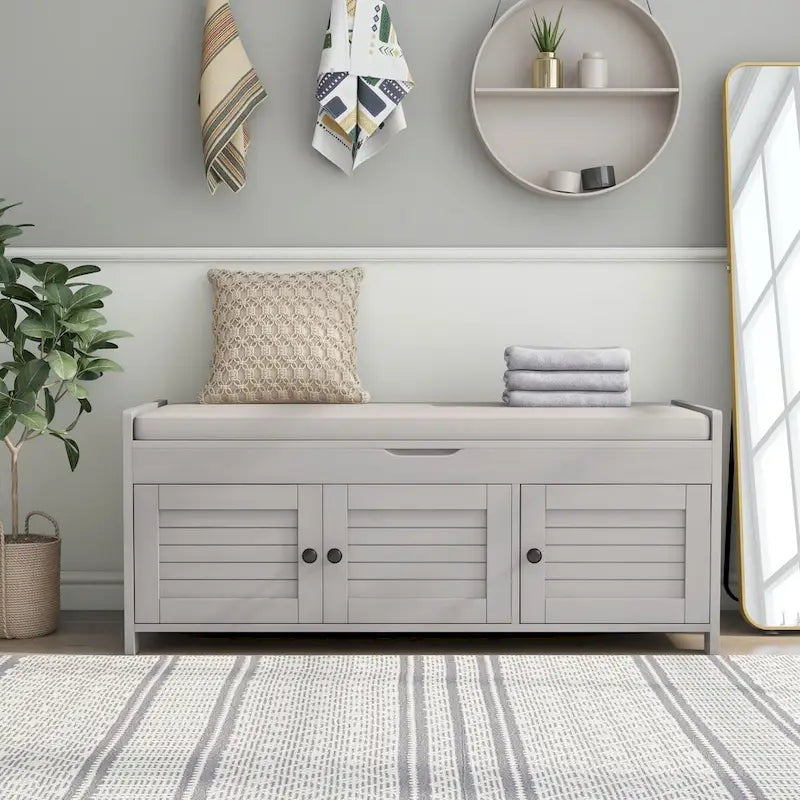 Banc de rangement rustique avec portes à persiennes, coussin, blanc, expresso, gris, marine