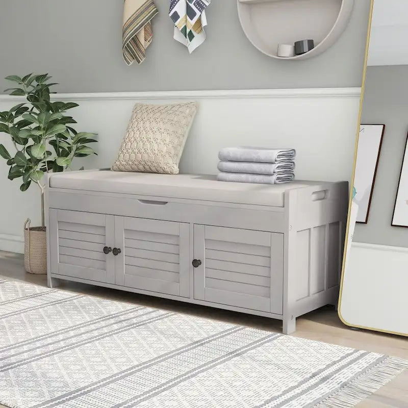 Banc de rangement rustique avec portes à persiennes, coussin, blanc, expresso, gris, marine