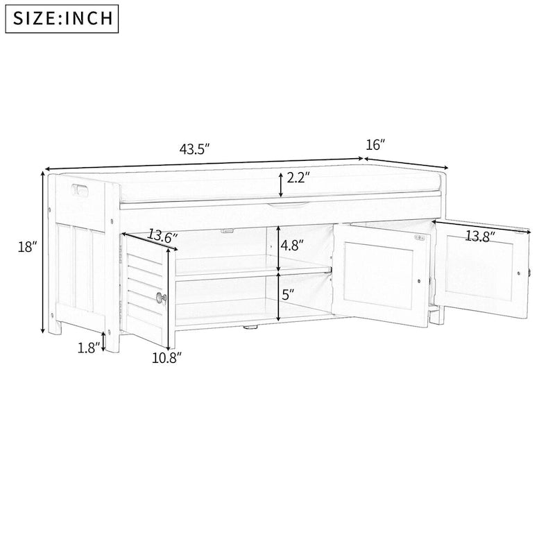 Banc de rangement rustique avec portes à persiennes, coussin, blanc, expresso, gris, marine