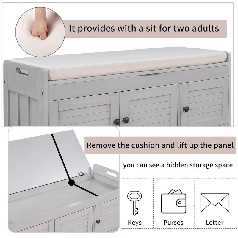 Banc de rangement rustique avec portes à persiennes, coussin, blanc, expresso, gris, marine