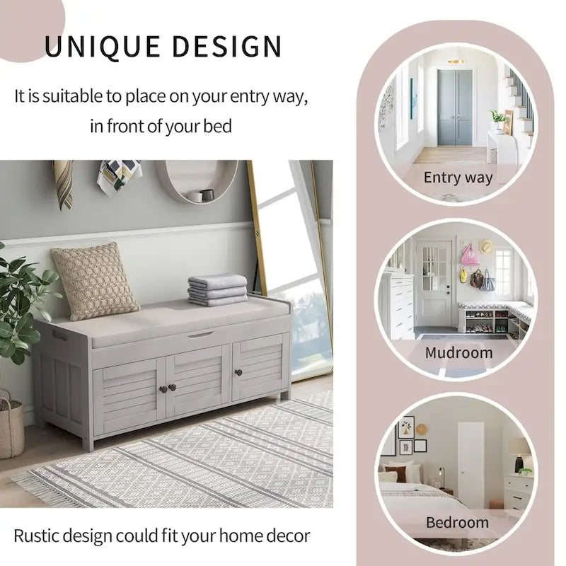 Banc de rangement rustique avec portes à persiennes, coussin, blanc, expresso, gris, marine