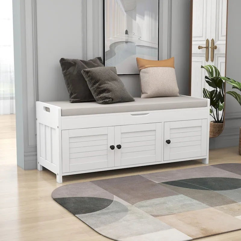 Banc de rangement rustique avec portes à persiennes, coussin, blanc, expresso, gris, marine
