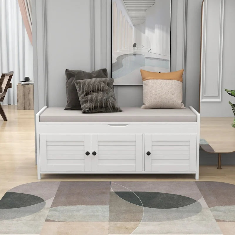 Banc de rangement rustique avec portes à persiennes, coussin, blanc, expresso, gris, marine