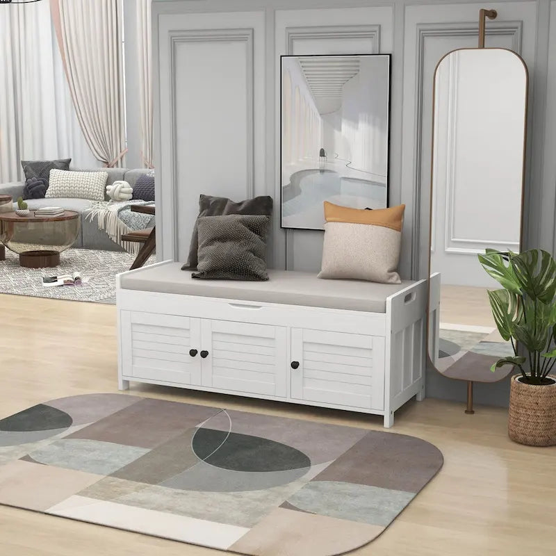 Banc de rangement rustique avec portes à persiennes, coussin, blanc, expresso, gris, marine