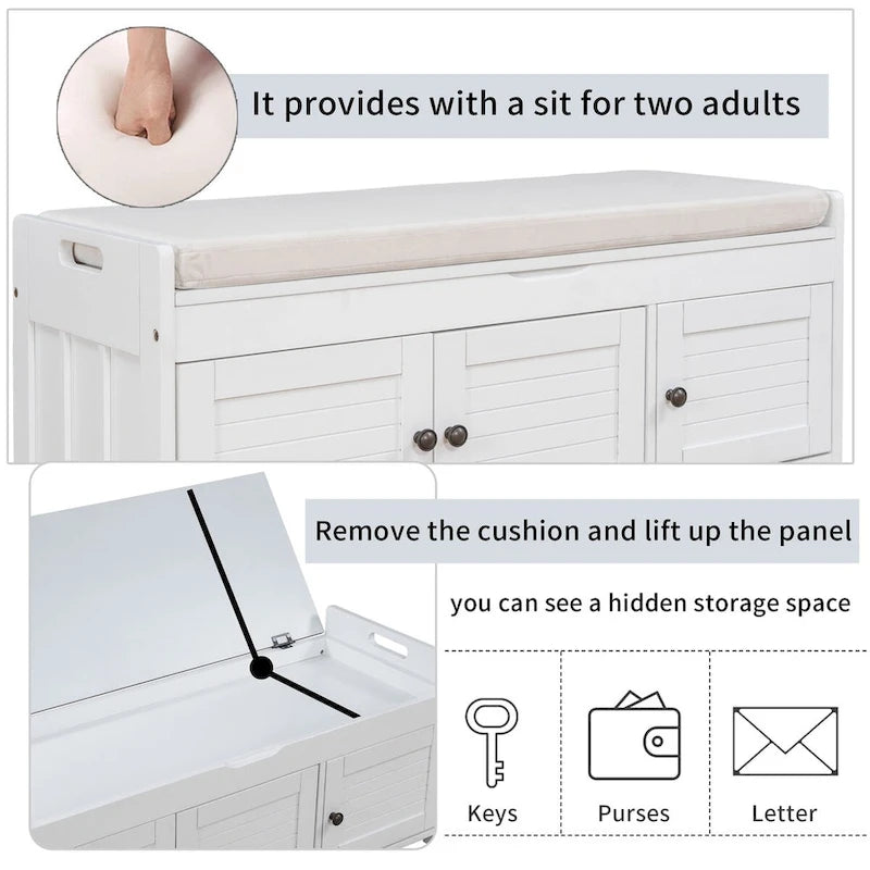 Banc de rangement rustique avec portes à persiennes, coussin, blanc, expresso, gris, marine