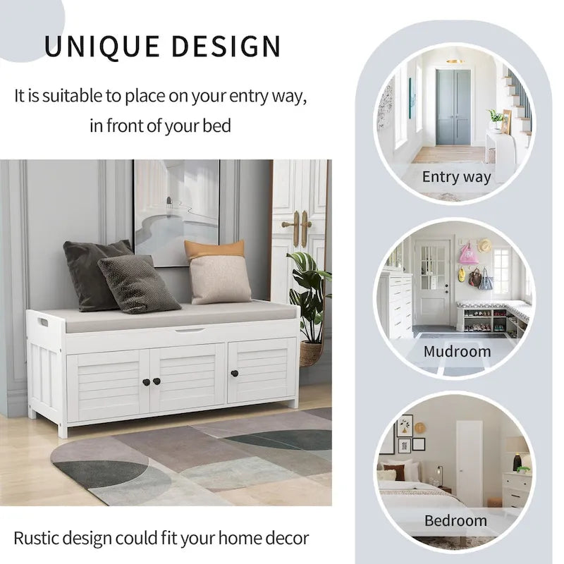 Banc de rangement rustique avec portes à persiennes, coussin, blanc, expresso, gris, marine
