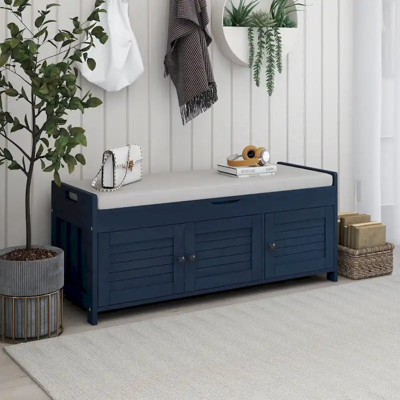 Banc de rangement rustique avec portes à persiennes, coussin, blanc, expresso, gris, marine