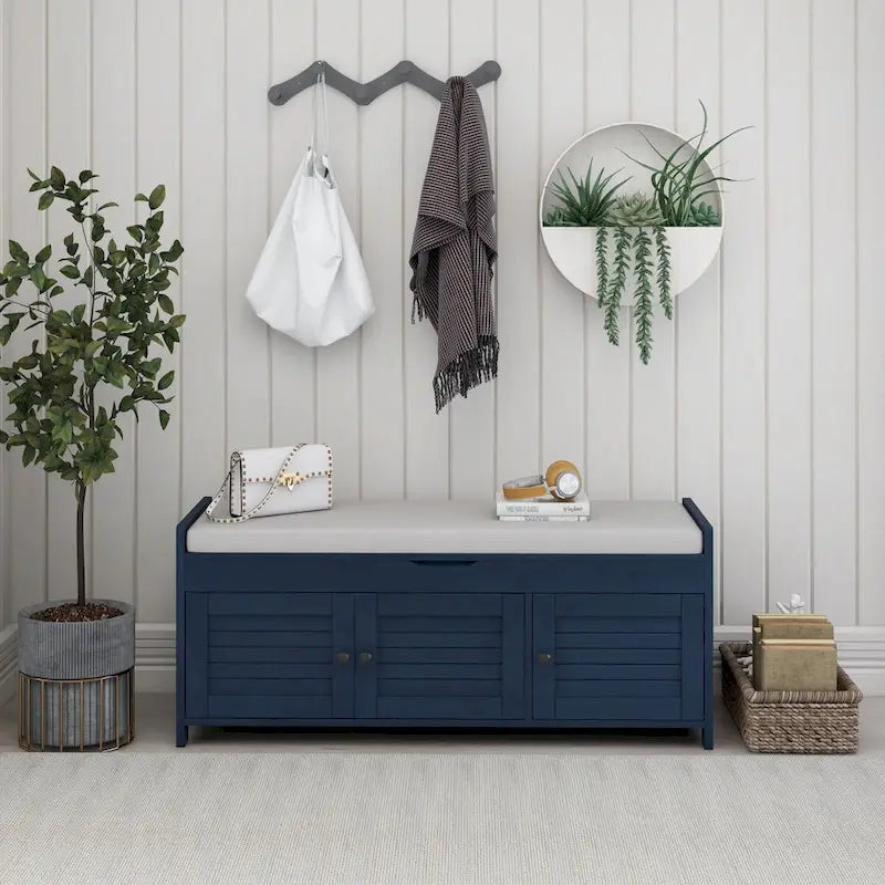 Banc de rangement rustique avec portes à persiennes, coussin, blanc, expresso, gris, marine