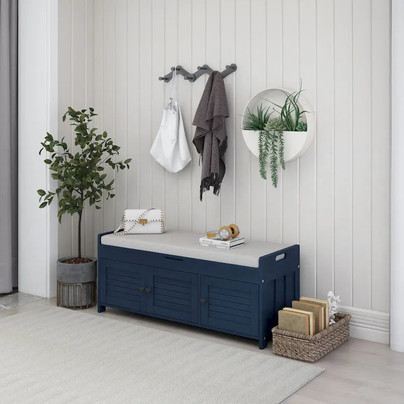 Banc de rangement rustique avec portes à persiennes, coussin, blanc, expresso, gris, marine